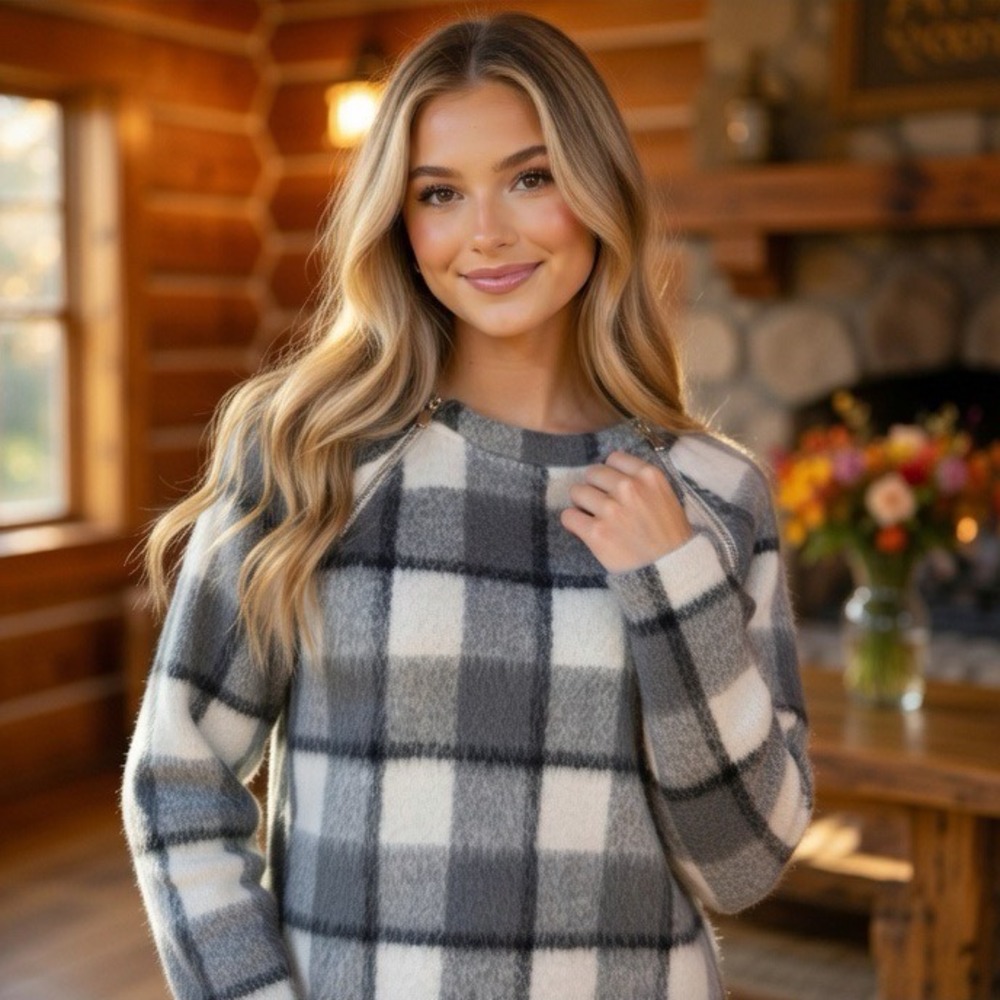 Abercrombie & Fitch Grey White Plaid Fuzzy Zipper Shoulder Sweater Small‎ Womens